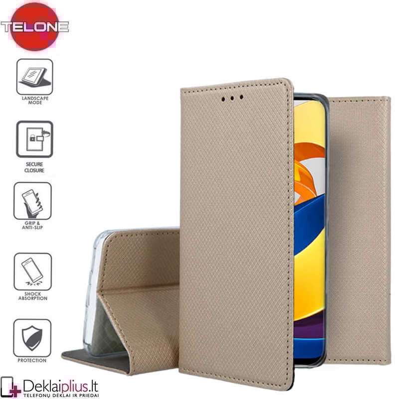 Telone atverčiamas dėklas - auksinės spalvos (telefonui Xiaomi Poco M4 Pro 5G) Telone atverčiamas dėklas - auksinės spalvos (telefonui Xiaomi Poco M4 Pro 5G)